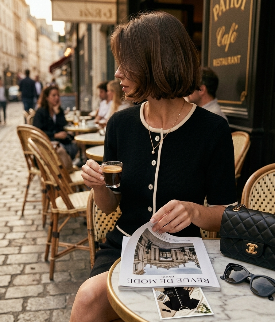 Robe en maille portée en terrasse de café